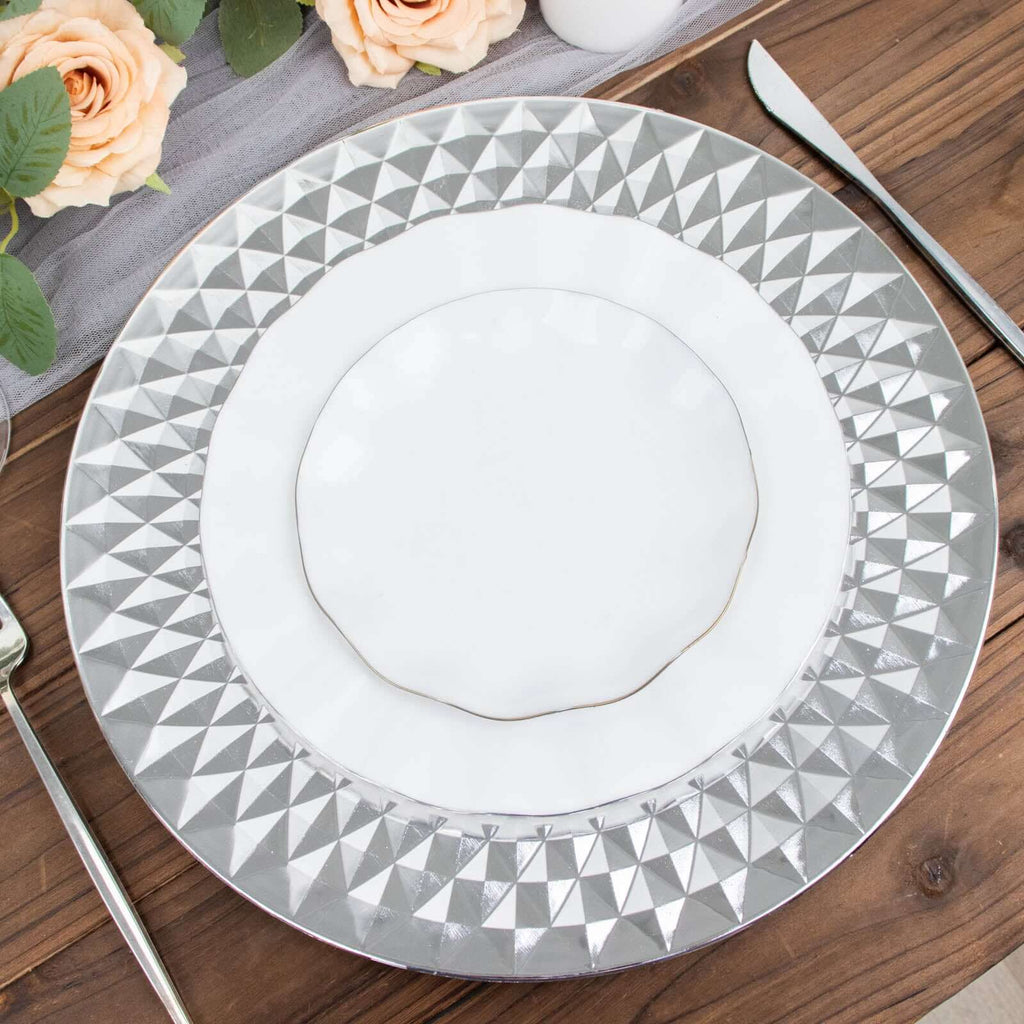 6-Pack Plastic Round Charger Plates 13" in Silver with Diamond Pattern, Sparkling Disposable Dinner Charger Tableware