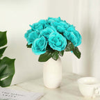 12" Turquoise Artificial Velvet-Like Fabric Rose Flower Bouquet Bush