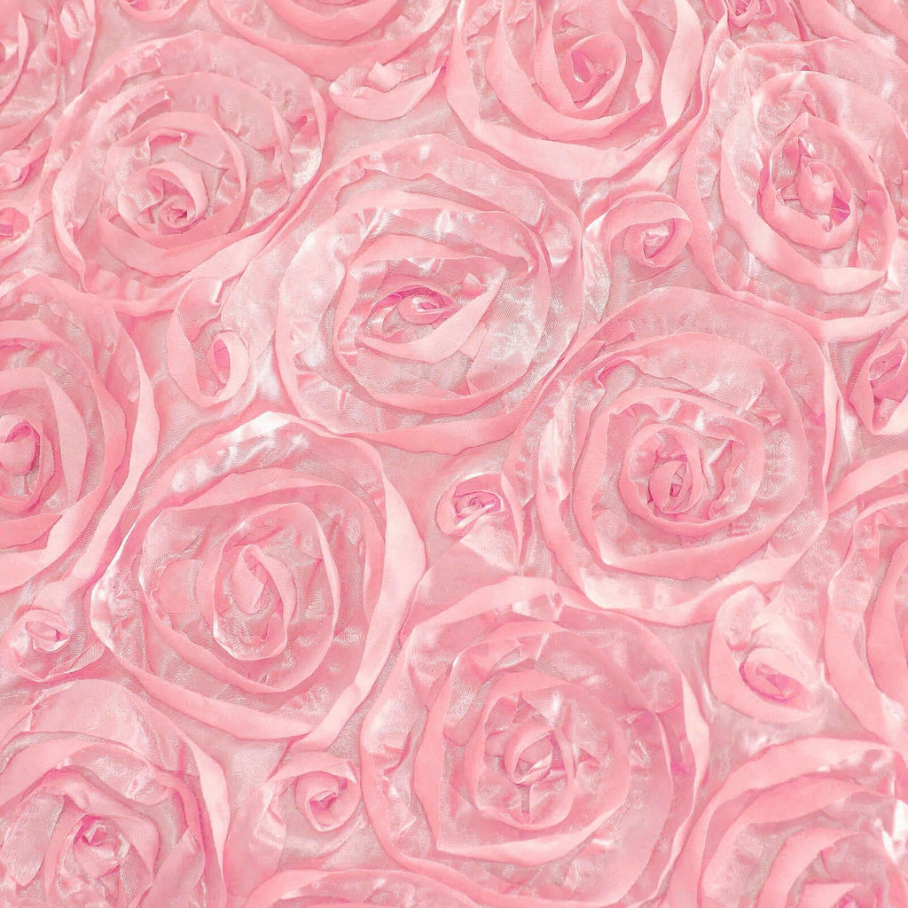 Satin 120" Round Tablecloth Pink - Grandiose 3D Rosette with Seamless Finish Table Cover