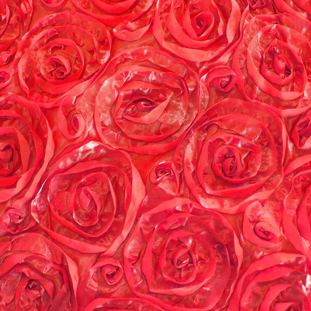 Satin 120" Round Tablecloth Red - Grandiose 3D Rosette with Seamless Finish Table Cover