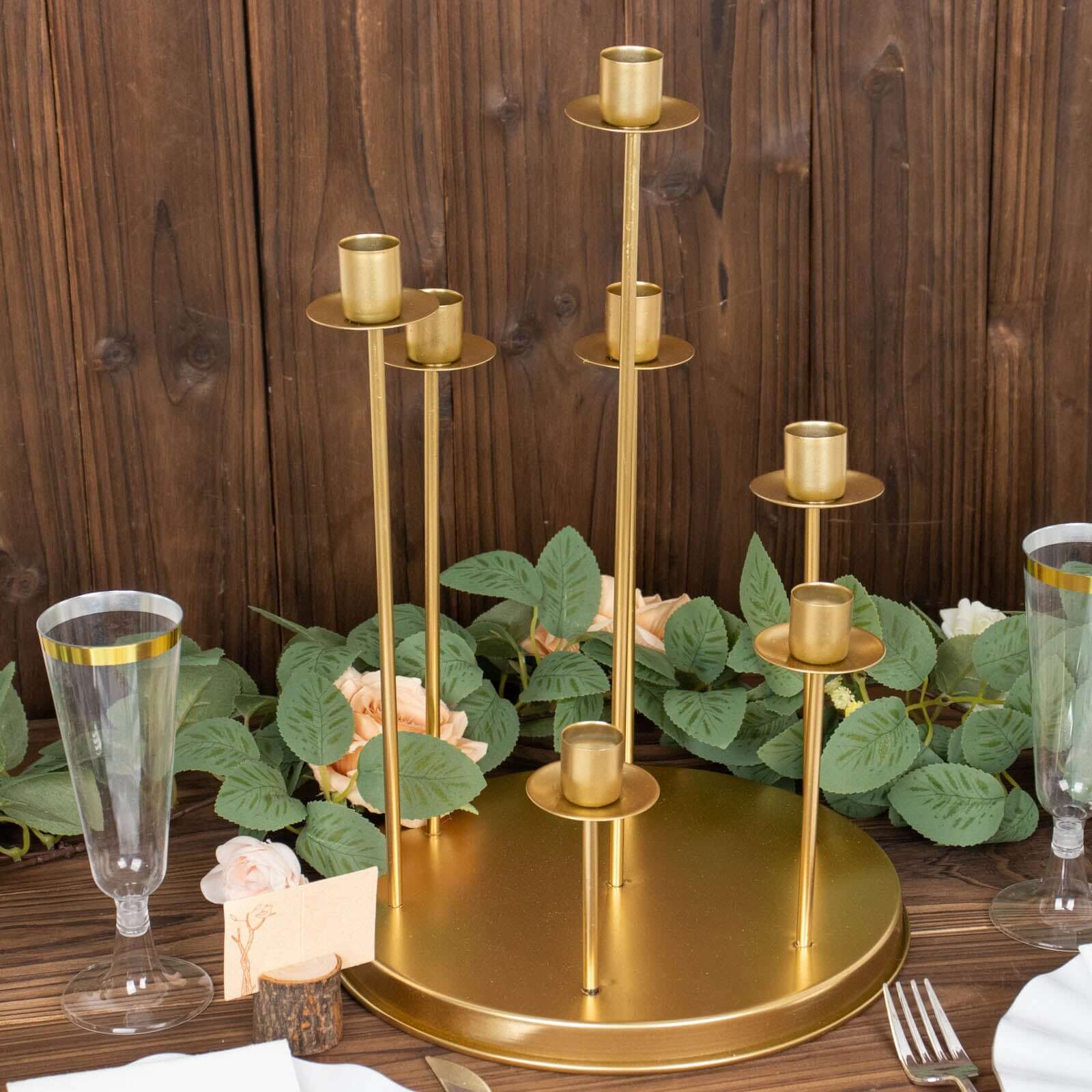 Cluster Candelabra Taper Candle Holder 7 - Arm Gold Metal Wedding Centerpiece - Table Decor 15" - Bell Racket Store