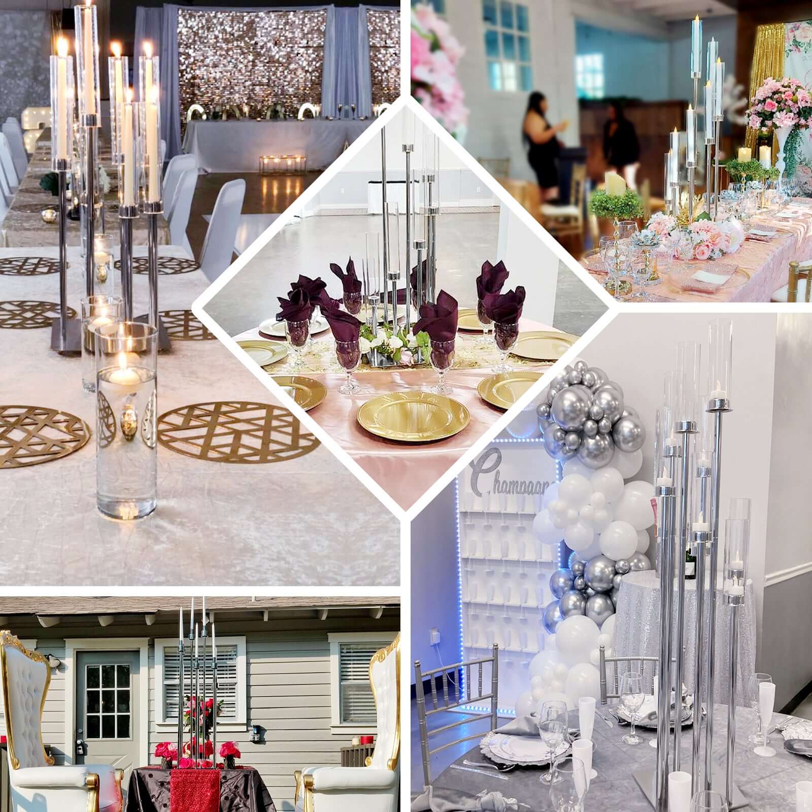 8 Arm Cluster Taper Candle Holder Silver - Stunning Large Candle Arrangement With Clear Glass Shades for Grand Banquets & Celebrations 42"