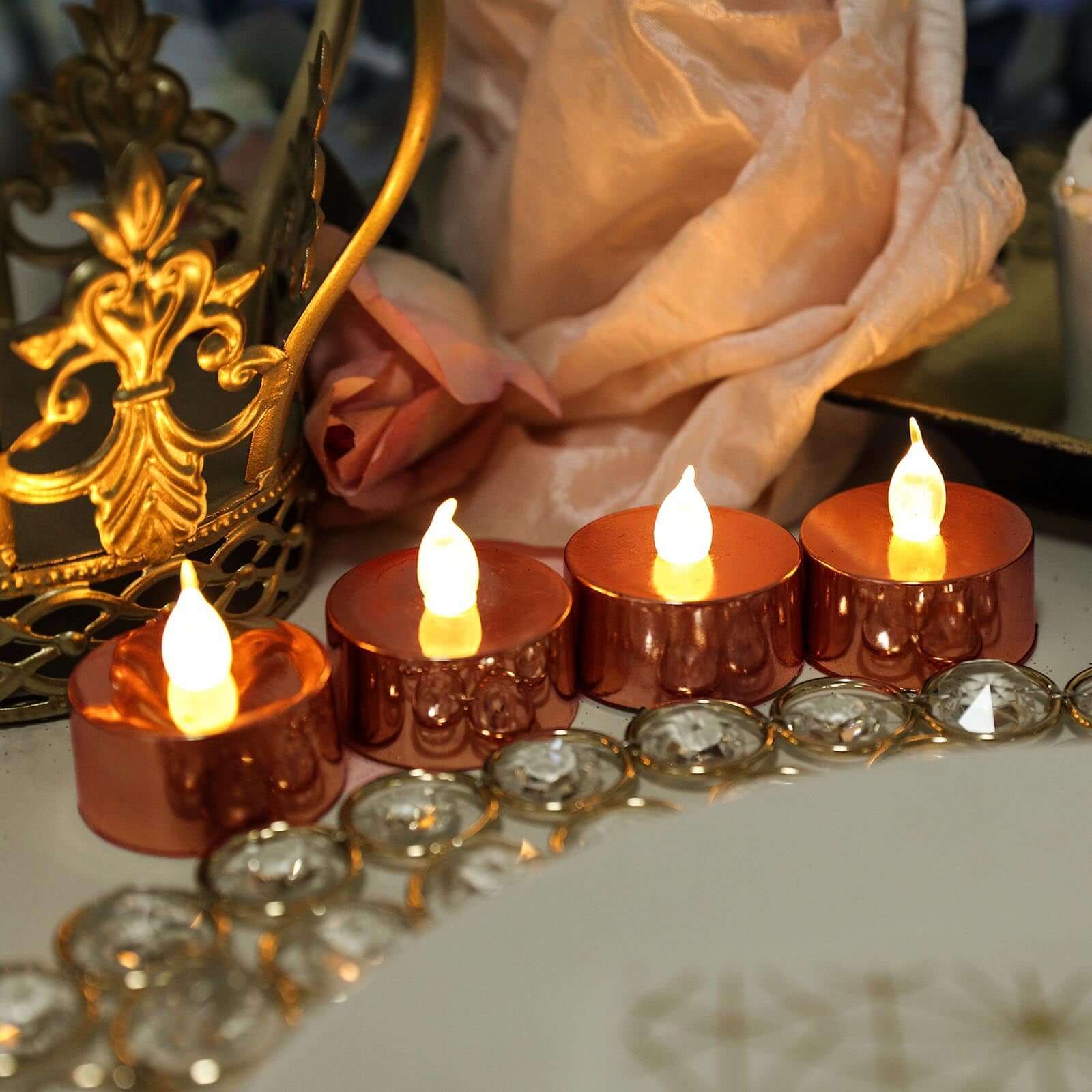 12-Pack LED Tealight Candles Rose Gold Metallic Design - Reusable Flameless Battery Operated Lights