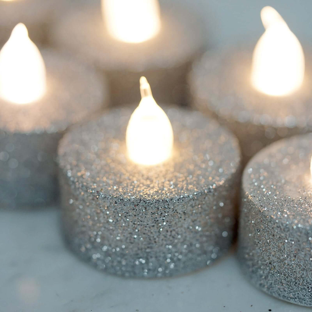 12-Pack LED Tealight Candles Glitter Silver Design - Flameless Battery Operated Tea Lights