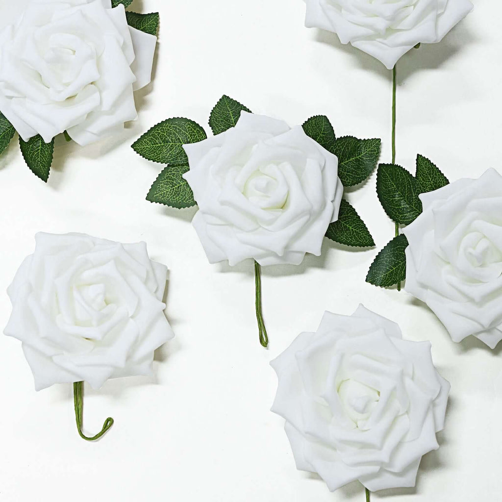 24 Roses 5" White Artificial Foam Flowers With Stem Wire and Leaves