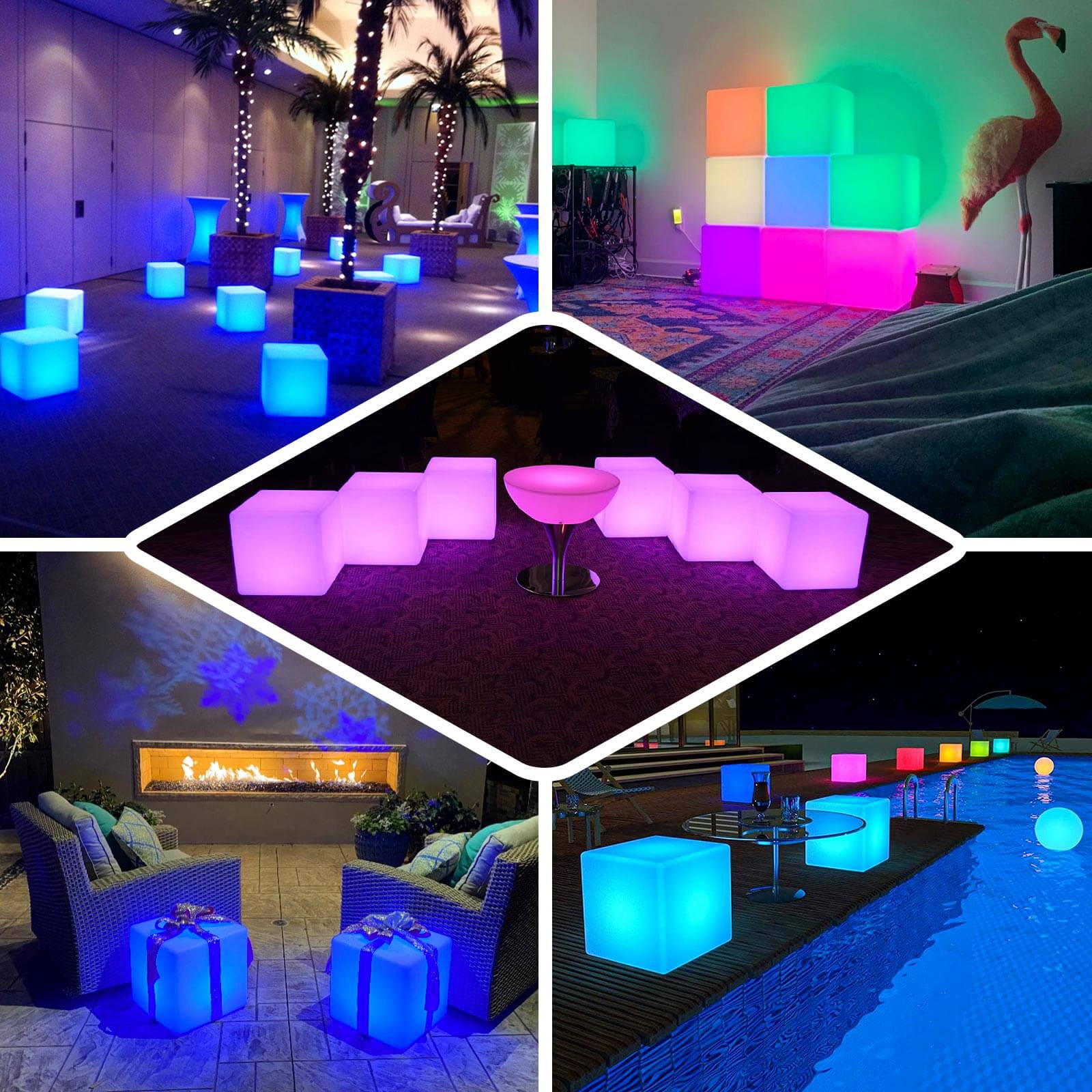 15.5" Color Changing Cordless LED Light Up Cube Table Stool, Rechargeable Waterproof Illuminated Furniture