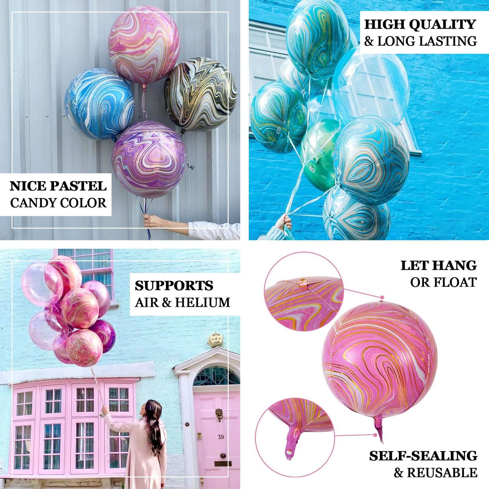 3 Pack 13" 4D Blue Gold Marble Sphere Foil Helium or Air Balloons