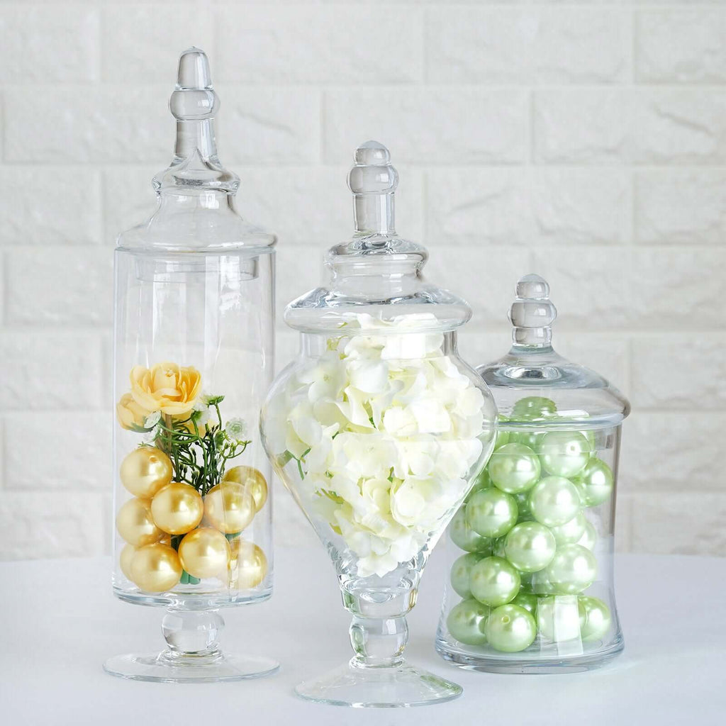 Set of 3 Glass Candy Jars Modern Apothecary Design Clear with Snap-On Lids - Stylish Party Favor Containers 9"/13"/14"