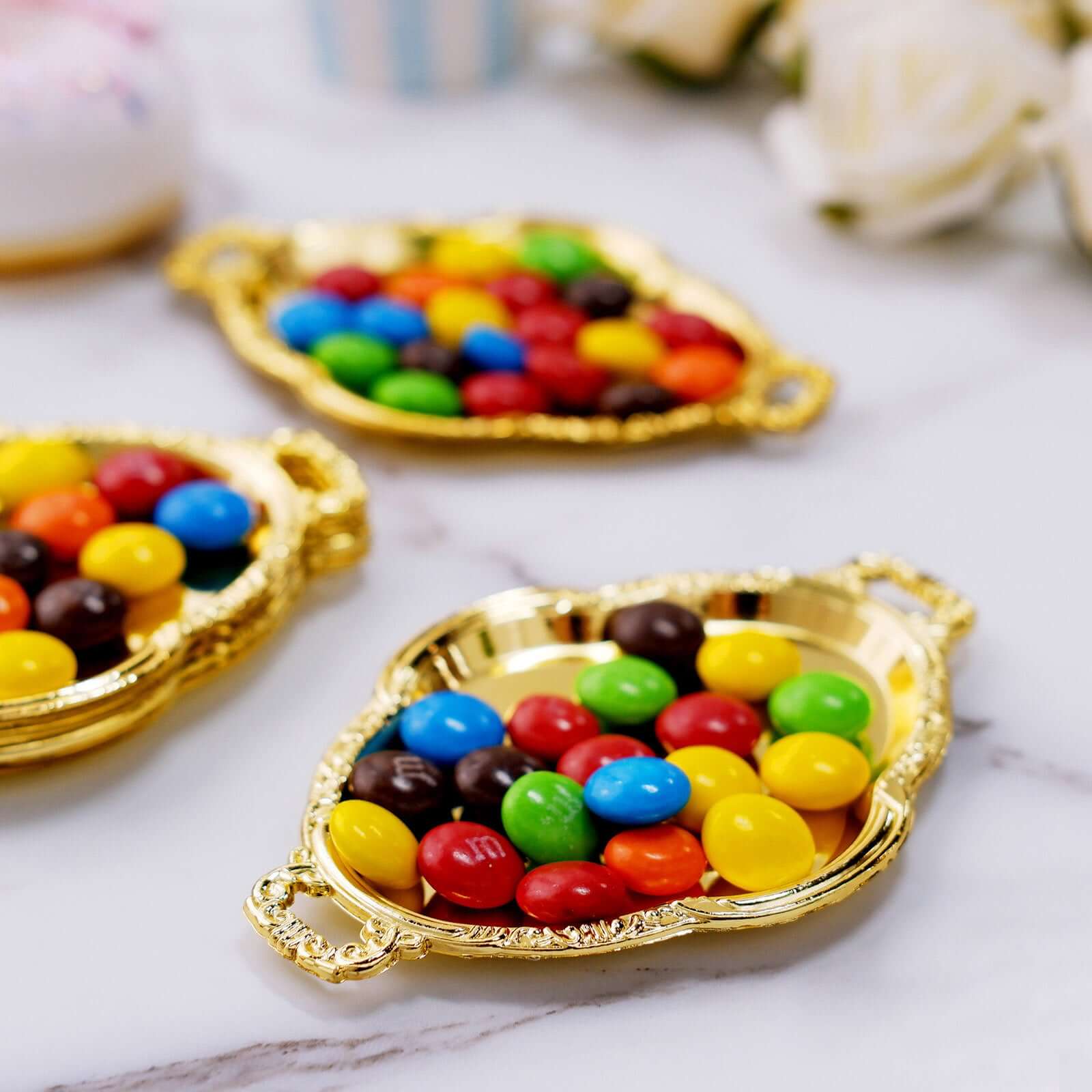 12-Pack Display Trays Party Favor Baroque Oval Design Gold - Mini Serving Platters for Sweets and Desserts 4.5"
