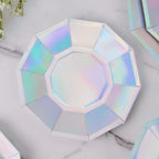 25-Pack Paper 7.5" Decagon Dessert Plates in Iridescent - Disposable Holographic Salad Plates for Starry Night & Fairytale Parties