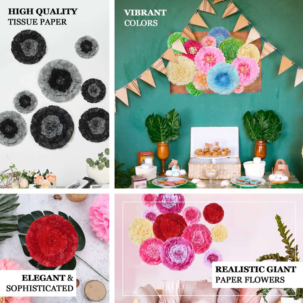 Set of 6 Pink Fuchsia Giant Carnation 3D Paper Flowers Wall Decor - 12",16",20"