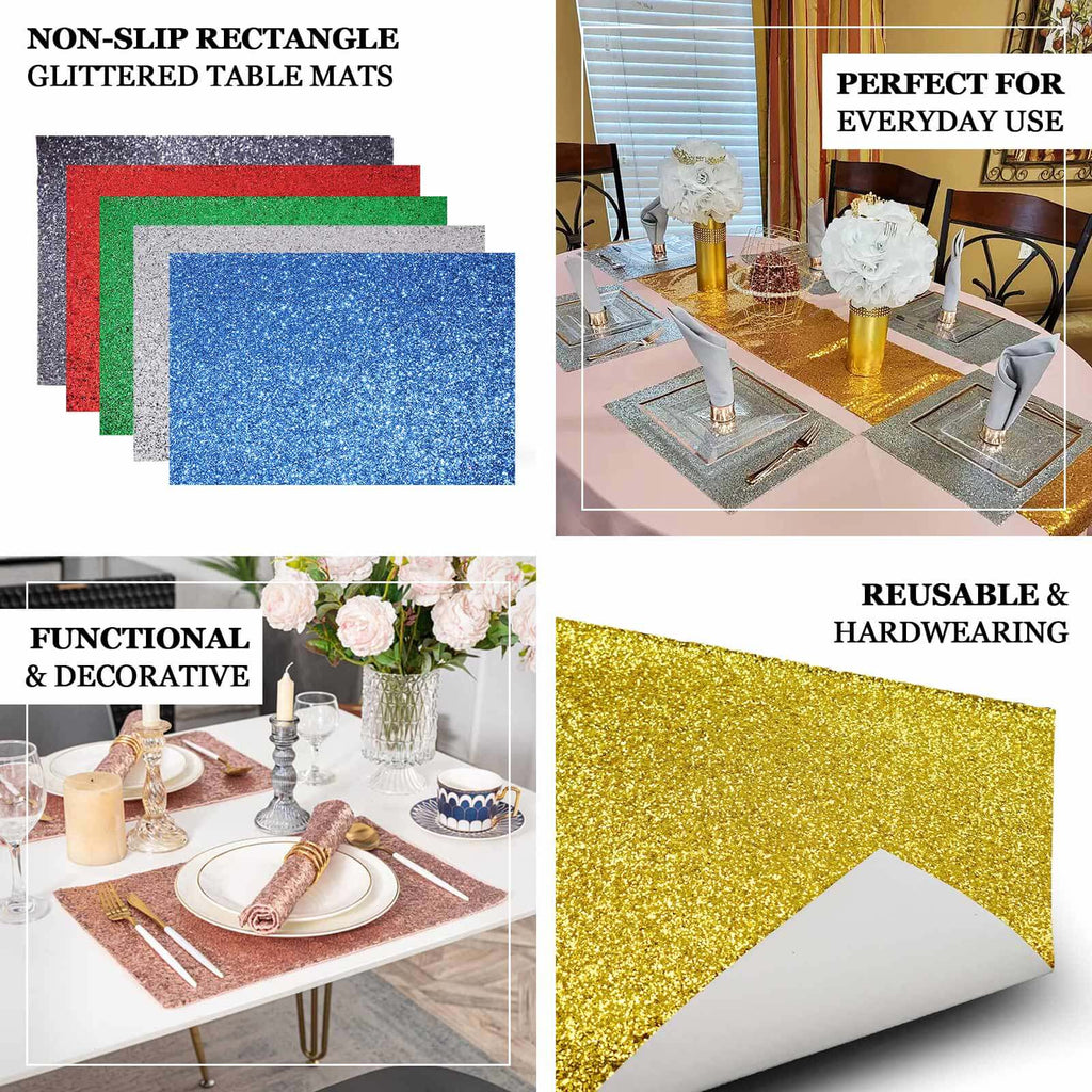 6-Pack Placemats Glitter Design Rose Gold Sparkle Rectangle - Non-Slip Decorative Dining Table Mats 12"x18"