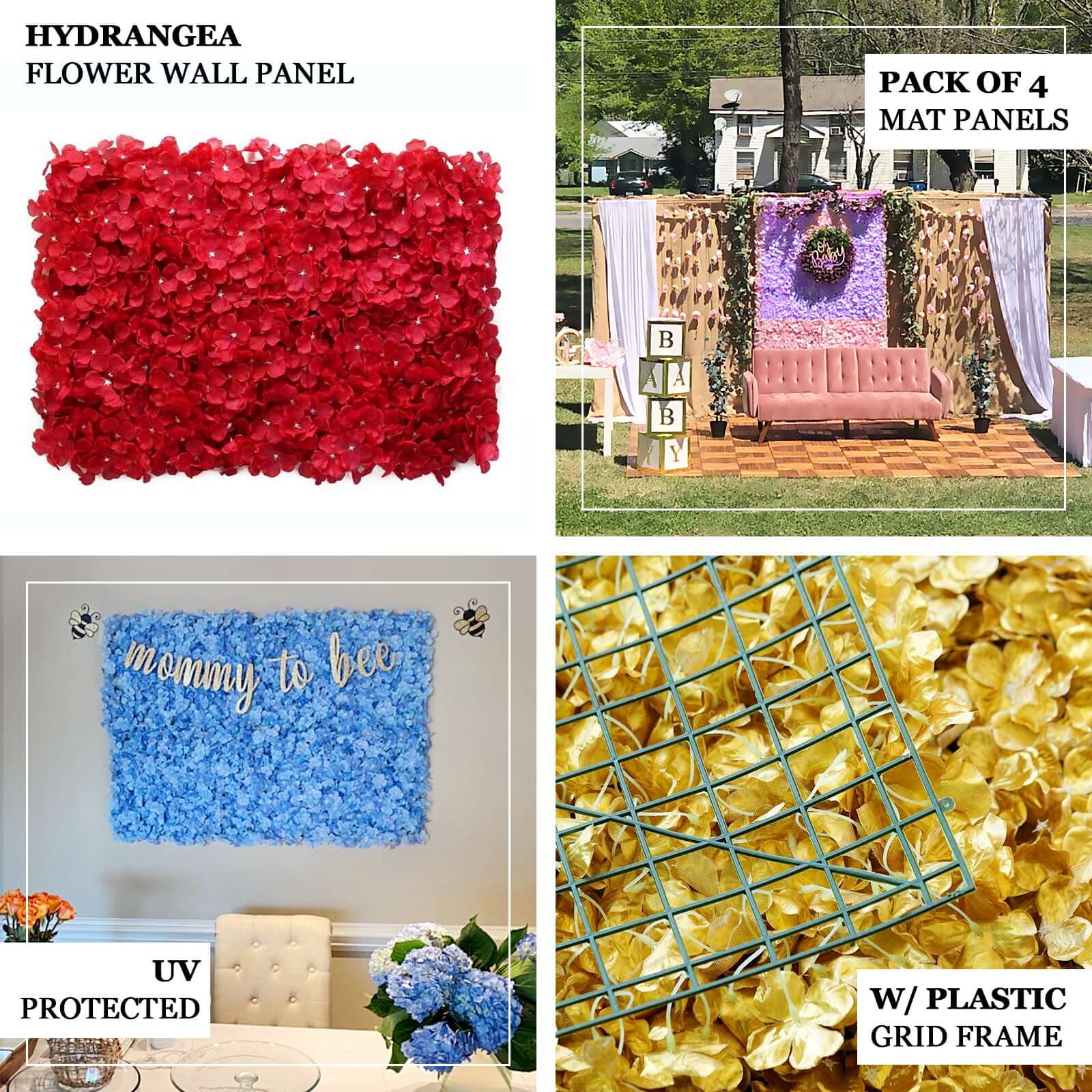 11 Sq ft. Gold UV Protected Hydrangea Flower Wall Mat Backdrop - 4 Artificial Panels