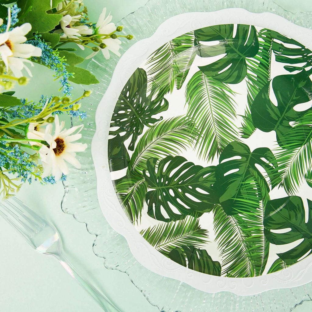 25-Pack Paper 9" Round Dinner Plates in White with Tropical Palm Leaf Design - Disposable 300GSM Party Plates for Luau & Summer Gatherings