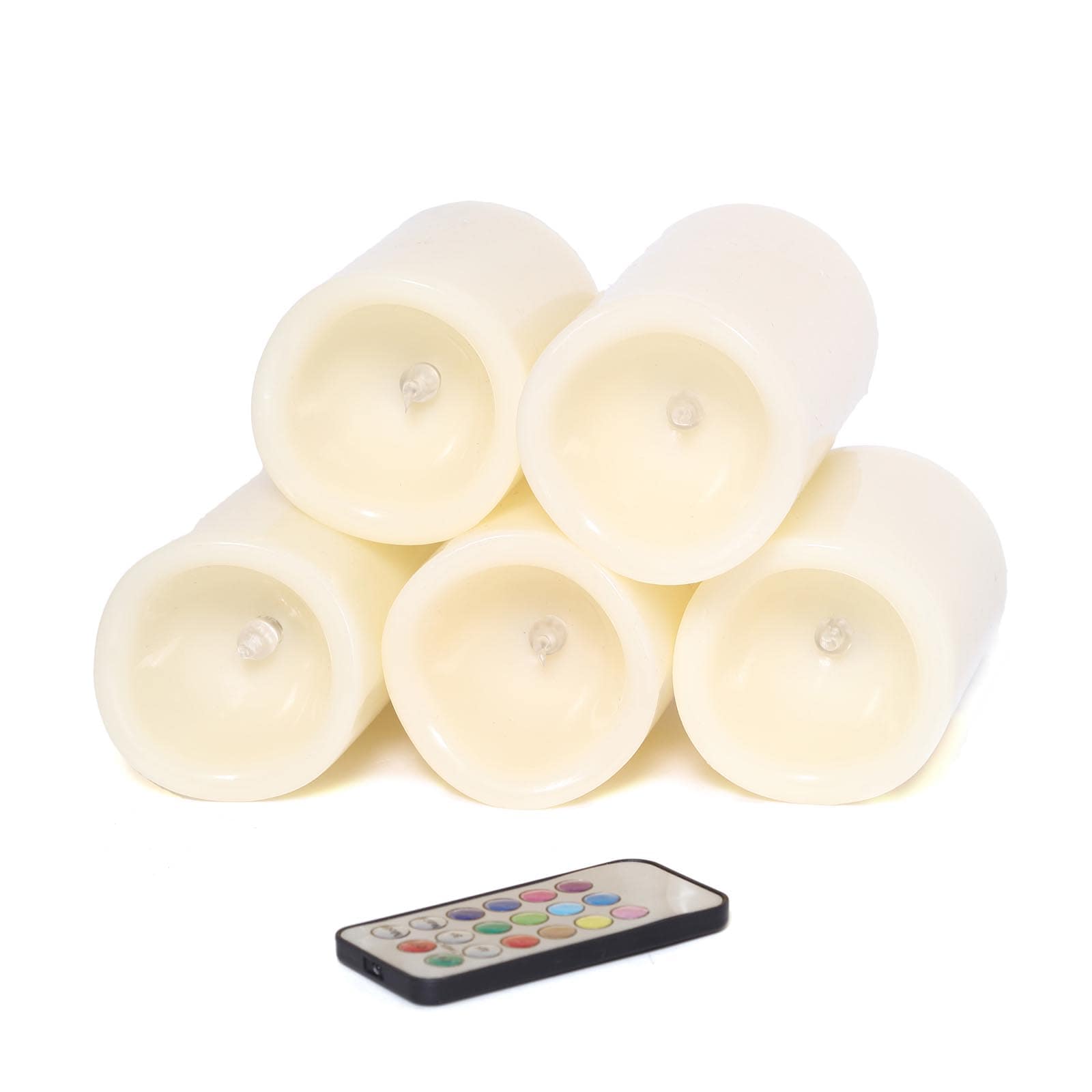 Set of 5 LED Flickering Pillar Candles Color Changing Ivory with Remote - Battery Operated 4", 5", 6"