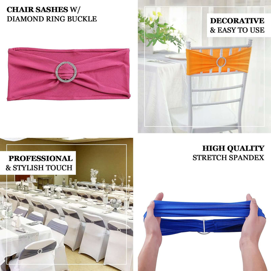 5 Pack Stretch Spandex Chair Sashes White - Classy Reusable Chair Bands with Silver Diamond Ring Slide Buckle 5"x14"