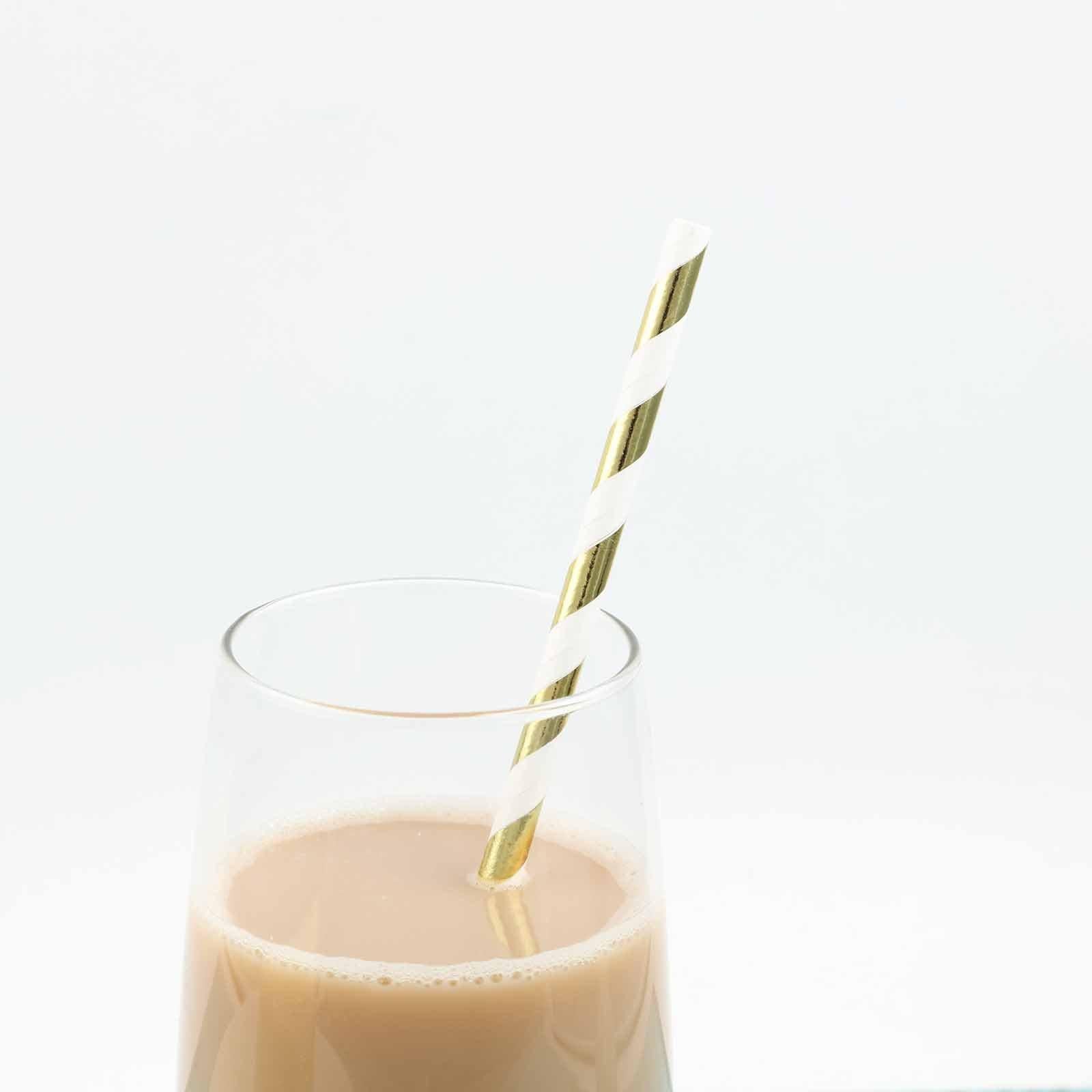 25-Pack Paper Straws White/Gold Striped - Stylish Disposable Straws for Drinks 8"