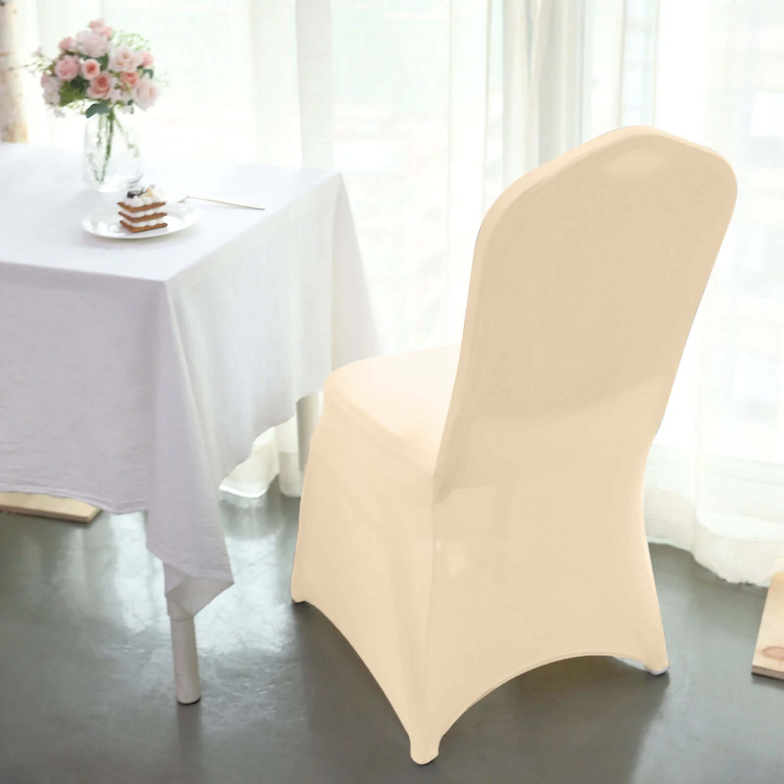 Spandex Chair Cover for Banquet Chairs Beige - Stretch 160GSM Fabric with Slip-On Slipcover