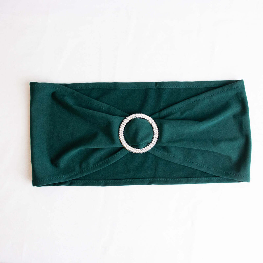 5 Pack Stretch Spandex Chair Sashes Hunter Emerald Green - Reusable Chair Bands with Silver Diamond Ring Slide Buckle 5"x14"