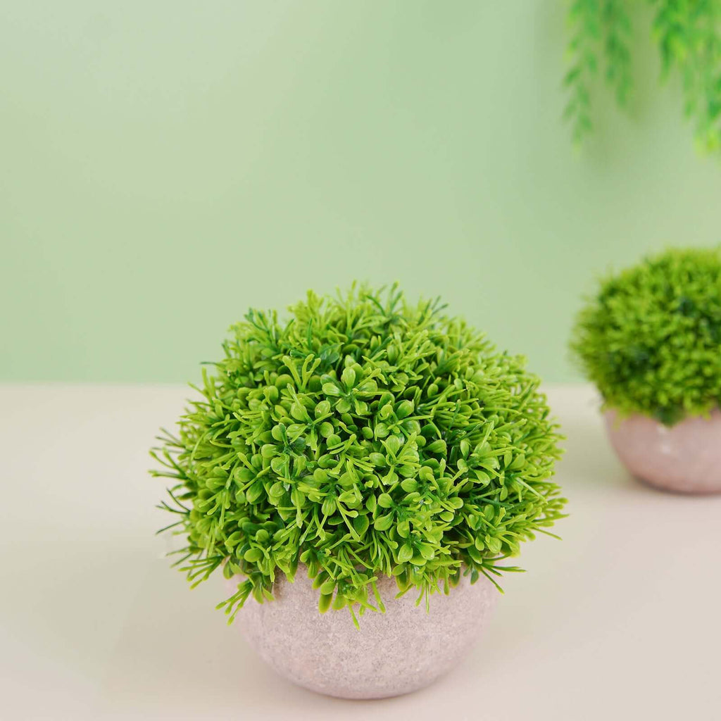 2 Plant Set Artificial Boxwood Topiary Ball 5" - Maintenance Free Mini Faux Potted Greenery Decor