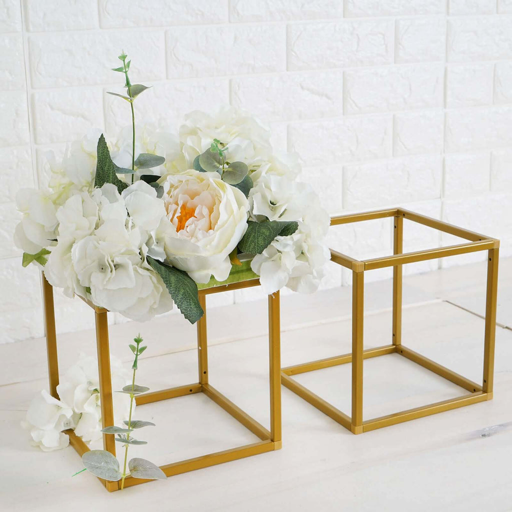 2-Pack Metal Flower Stands Gold Geometric Wedding Centerpieces Square Frame - Compact Design 8"