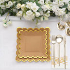 25-Pack Paper 9" Square Dinner Plates in Natural Brown with Gold Scalloped Rim - Disposable Party Plates for Rustic Gatherings & Chic Events