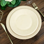 50-Pack Bagasse 8" Round Dessert Plates in Natural with Ribbed Rim