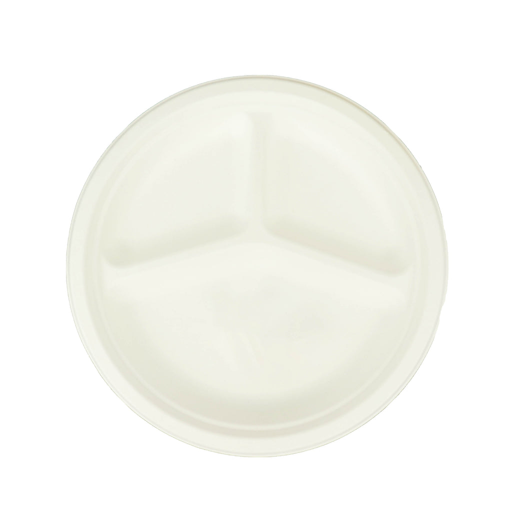 50-Pack Bagasse 10" Round Dinner Plates in White with 3-Compartments - Eco Friendly Biodegradable Sugarcane Divided Plates for Food Trucks Catering & Events