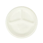 50-Pack Bagasse 10" Round Dinner Plates in White with 3-Compartments - Eco Friendly Biodegradable Sugarcane Divided Plates for Food Trucks Catering & Events