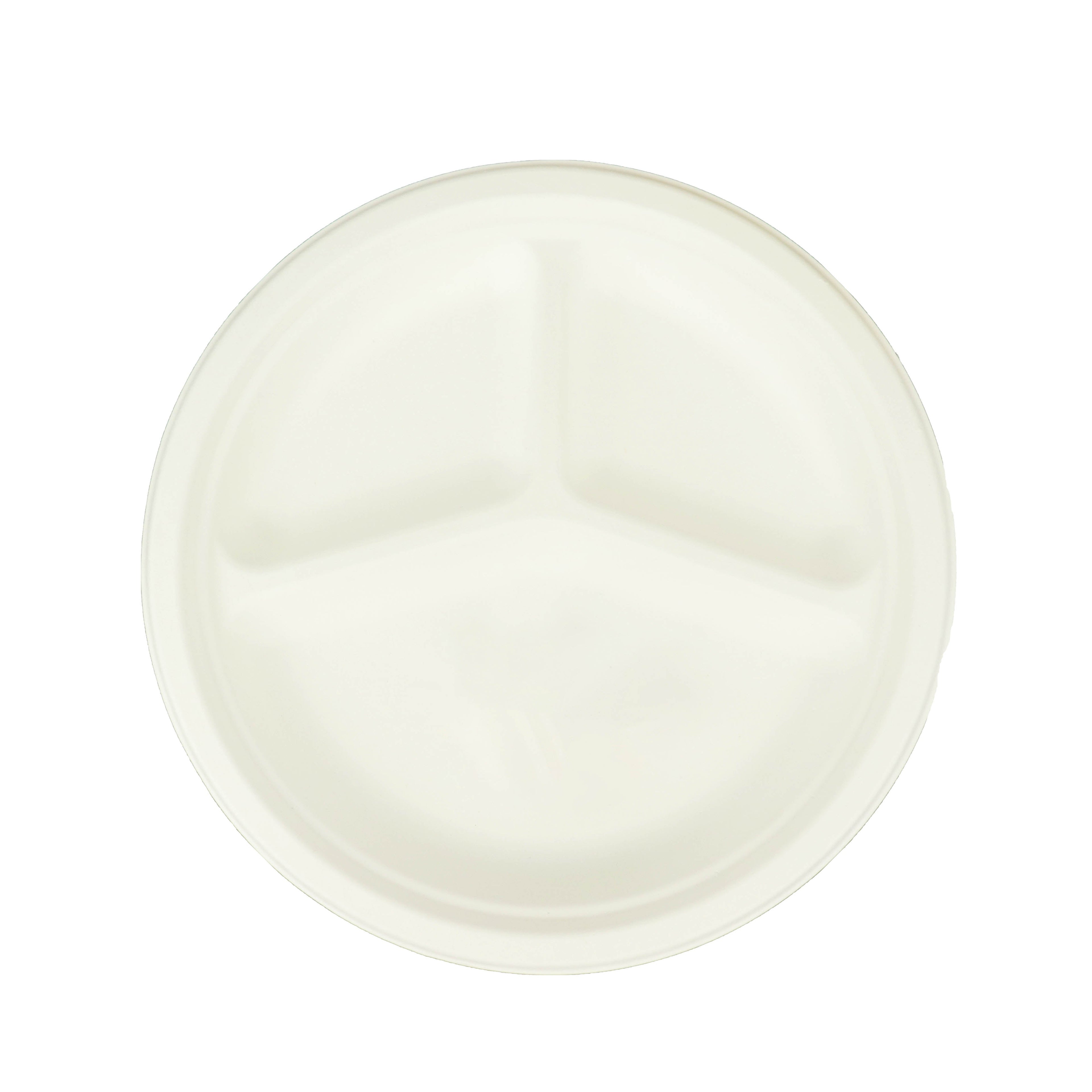 50-Pack Bagasse 10" Round Dinner Plates in White with 3-Compartments - Eco Friendly Biodegradable Sugarcane Divided Plates for Food Trucks Catering & Events