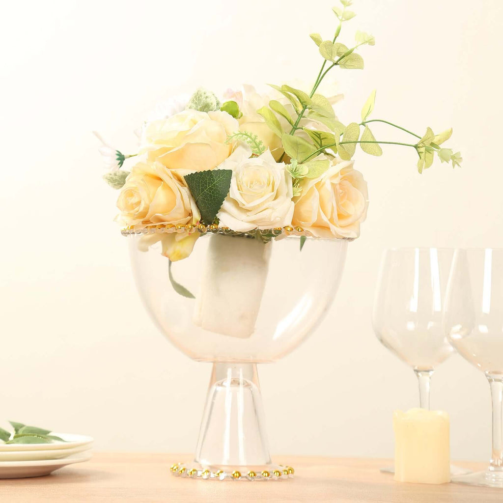 Compote Pedestal Bowl Glass Flower Vase Clear with Gold Beaded Rim - Footed Candy Trifle Bowl for Displays 8" - Bell Racket Store
