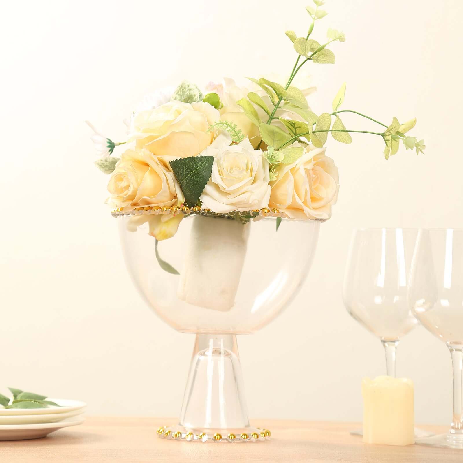 Compote Pedestal Bowl Glass Flower Vase Clear with Gold Beaded Rim - Footed Candy Trifle Bowl for Displays 8" - Bell Racket Store