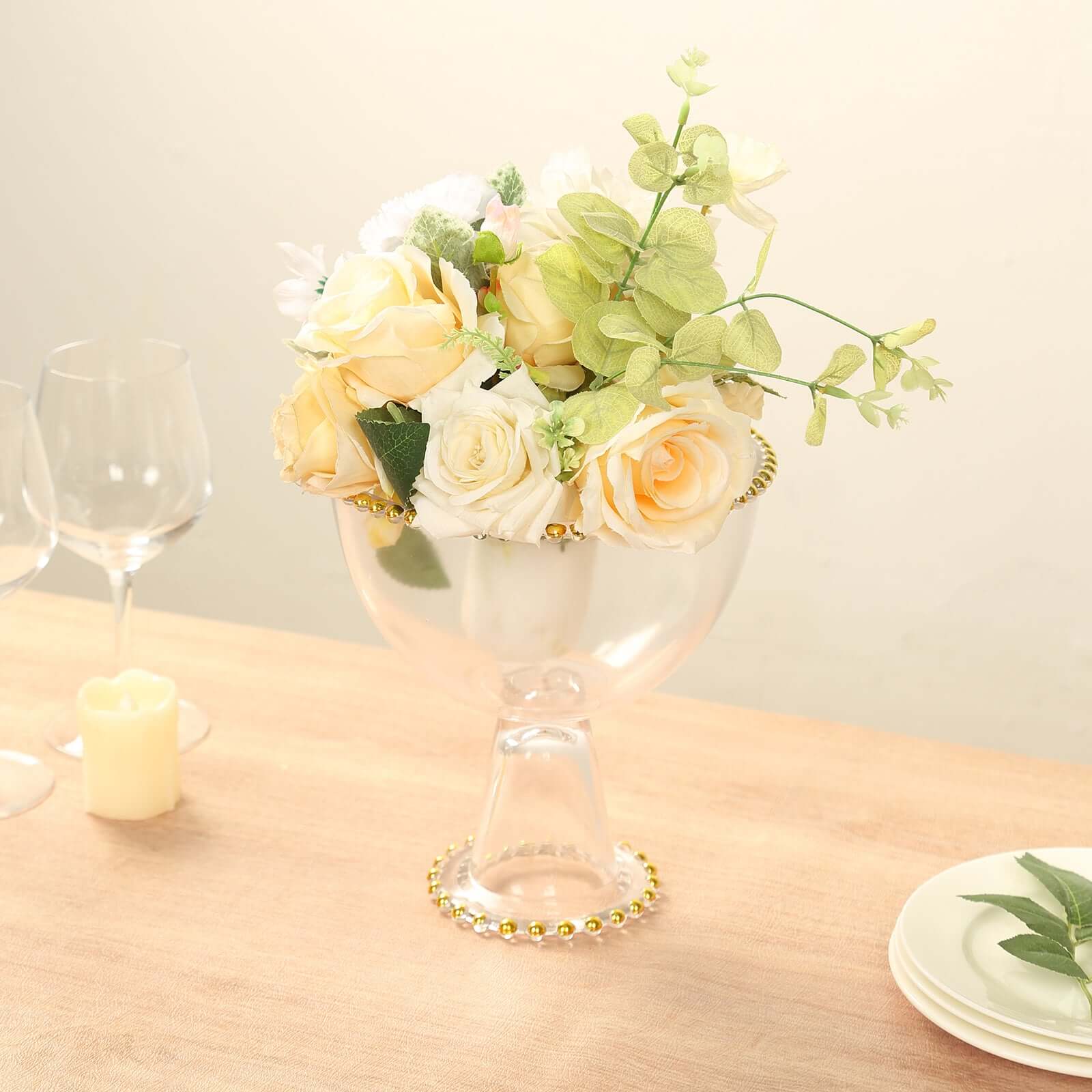 Compote Pedestal Bowl Glass Flower Vase Clear with Gold Beaded Rim - Footed Candy Trifle Bowl for Displays 8" - Bell Racket Store