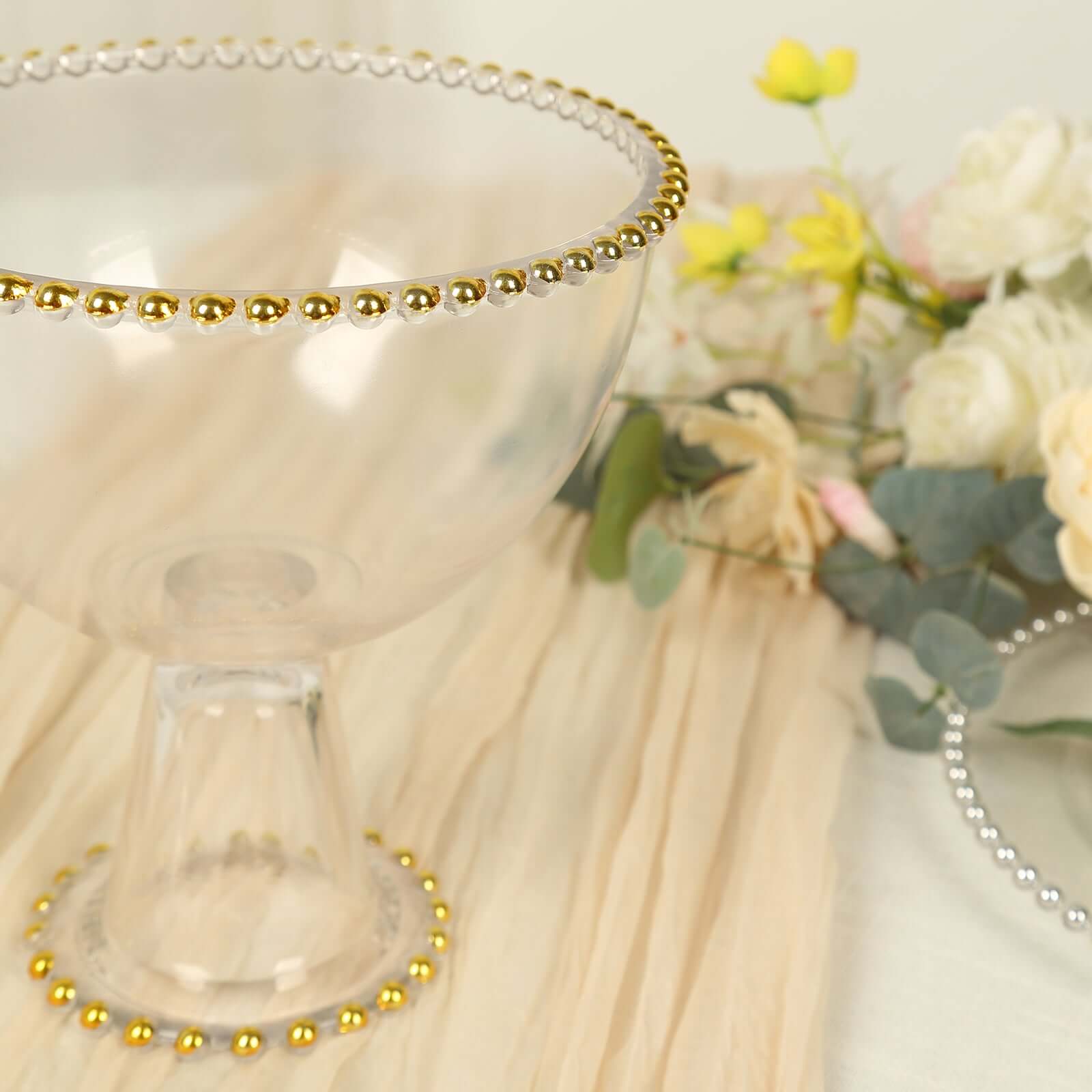 Compote Pedestal Bowl Glass Flower Vase Clear with Gold Beaded Rim - Footed Candy Trifle Bowl for Displays 8" - Bell Racket Store