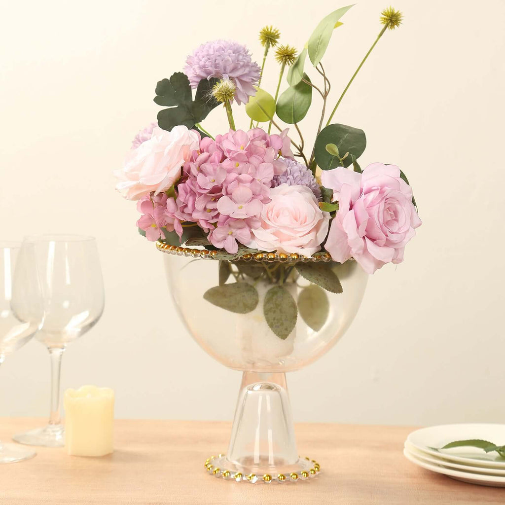 Compote Pedestal Bowl Glass Flower Vase Clear with Gold Beaded Rim - Footed Candy Trifle Bowl for Displays 8" - Bell Racket Store