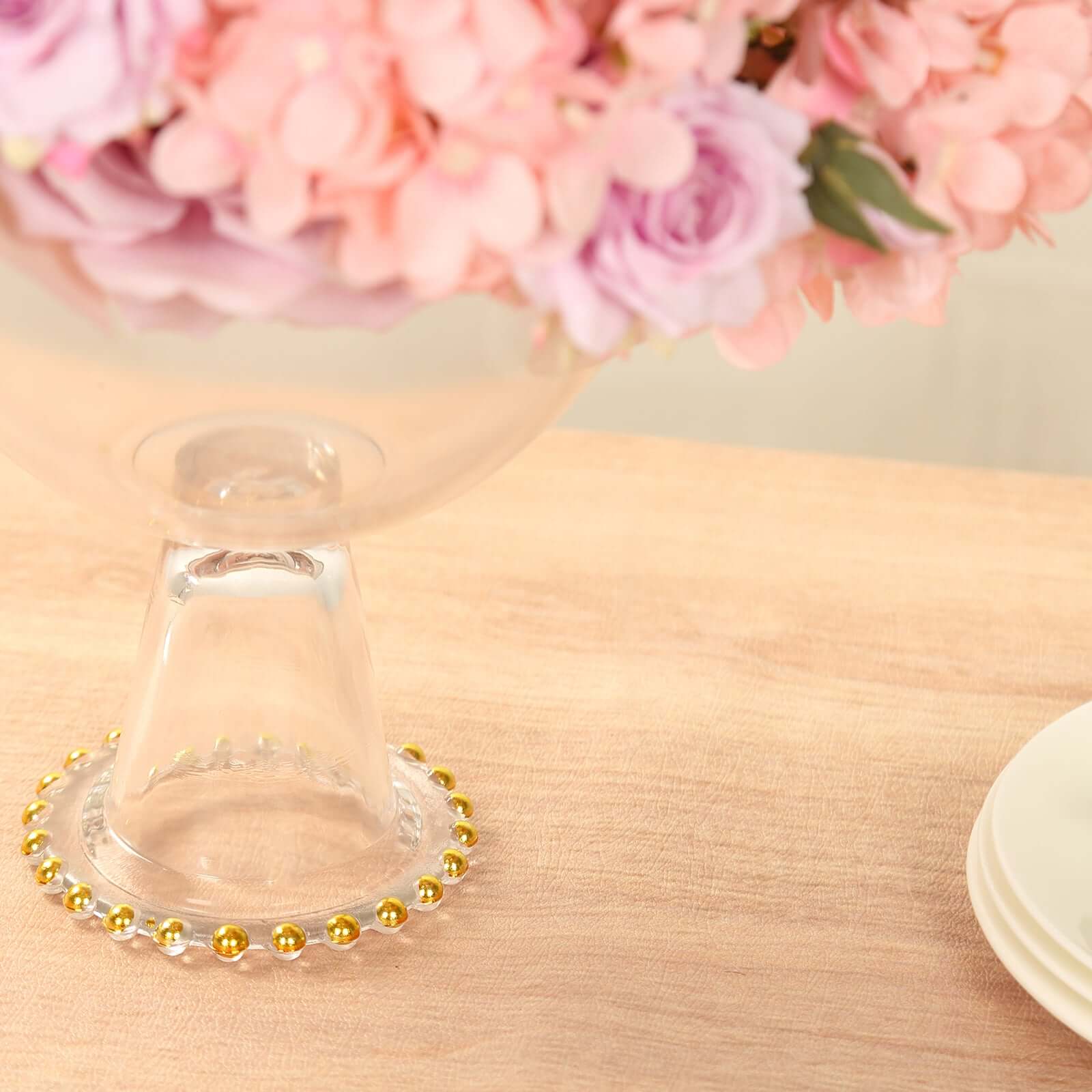 Compote Pedestal Bowl Glass Flower Vase Clear with Gold Beaded Rim - Footed Candy Trifle Bowl for Displays 8" - Bell Racket Store