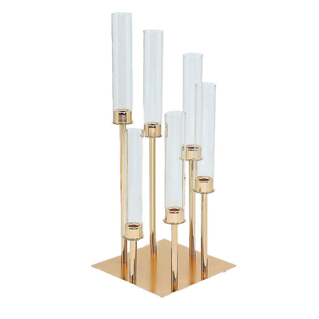 6-Arm Cluster Taper Candle Holder Gold with Clear Glass Shades - Sleek Candle Display for Gatherings 24"