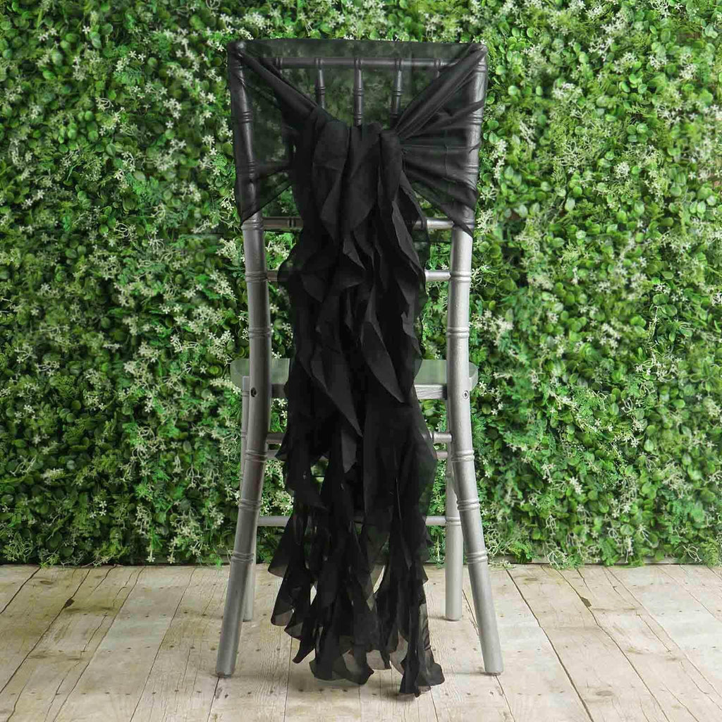 1 Set Chiffon Hoods Chair Sashes with Willow Ruffles Design Black - Stylish Decor for Weddings & Gatherings