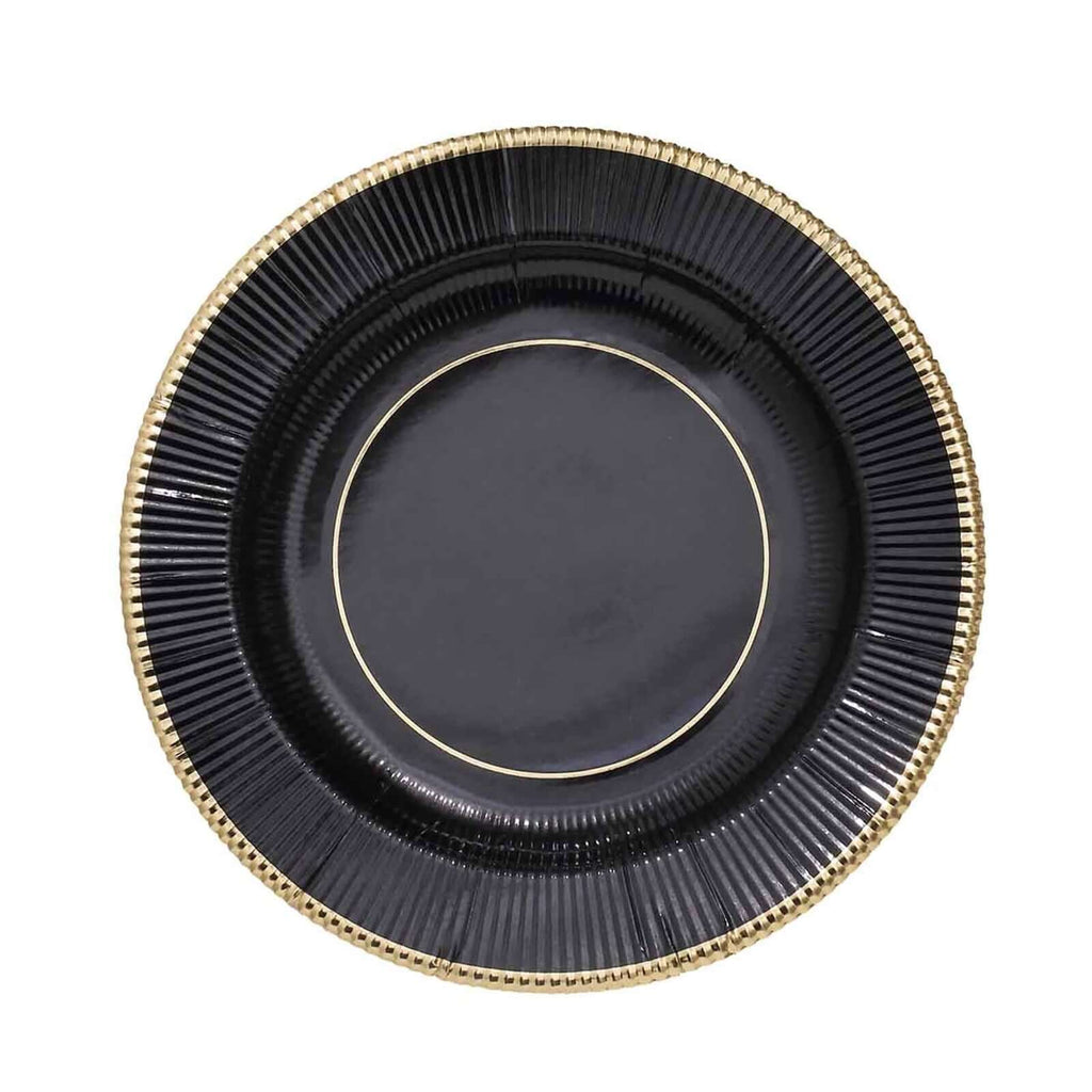 25-Pack Paper 8" Round Dessert Plates in Black Sunray Design with Gold Rim - Disposable Heavy Duty 350GSM Appetizer Salad Plates