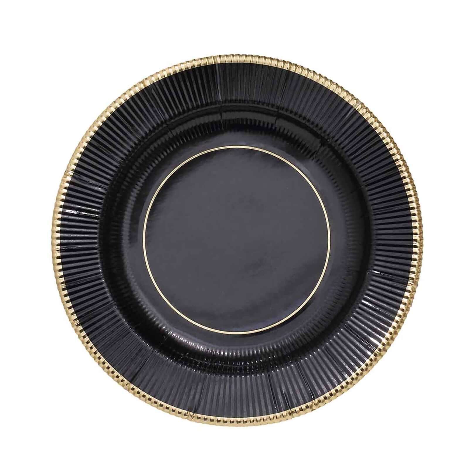 25-Pack Paper 8" Round Dessert Plates in Black Sunray Design with Gold Rim - Disposable Heavy Duty 350GSM Appetizer Salad Plates