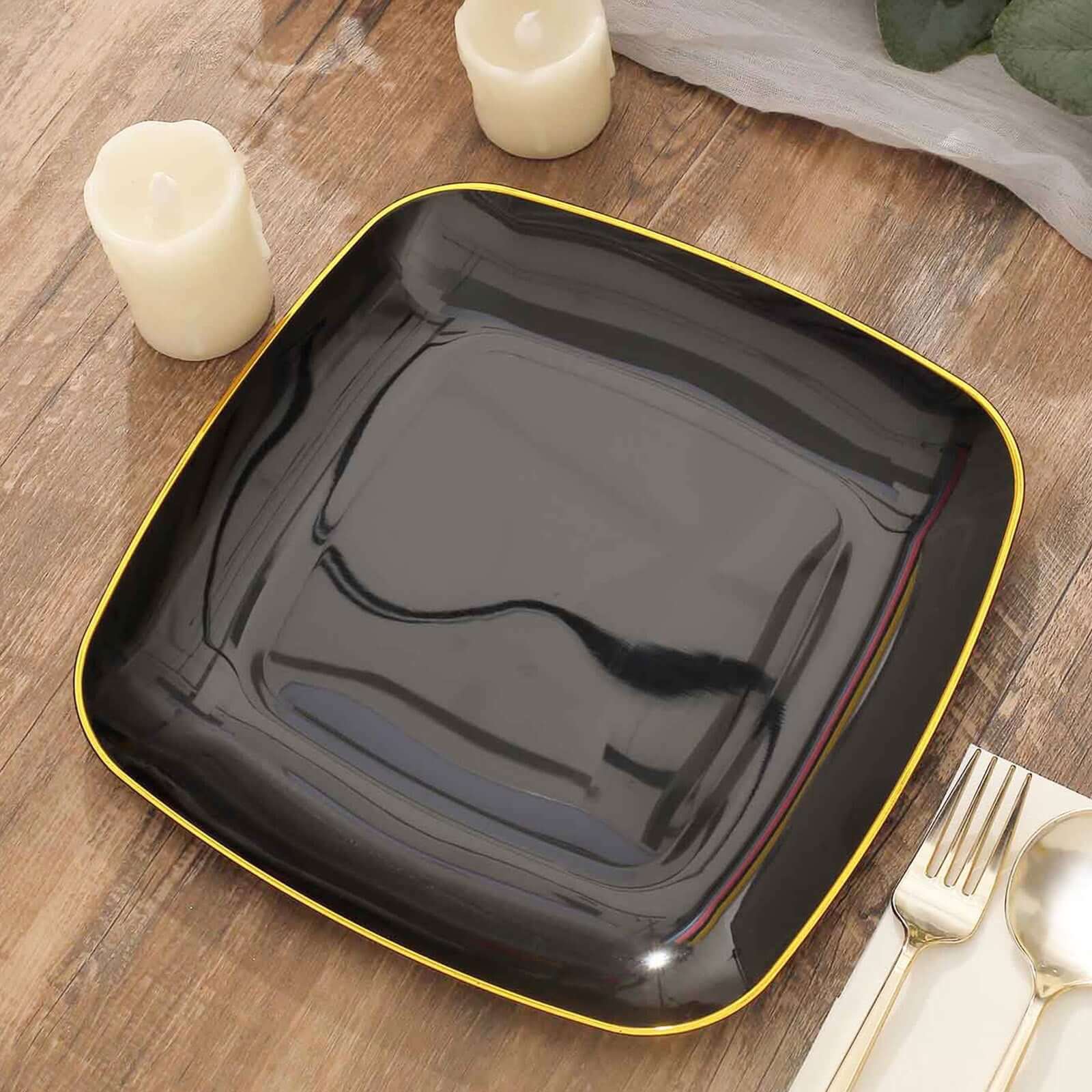 10-Pack Plastic 10" Square Dinner Plates in Black with Gold Rim - Classy Disposable Lunch Party Plates