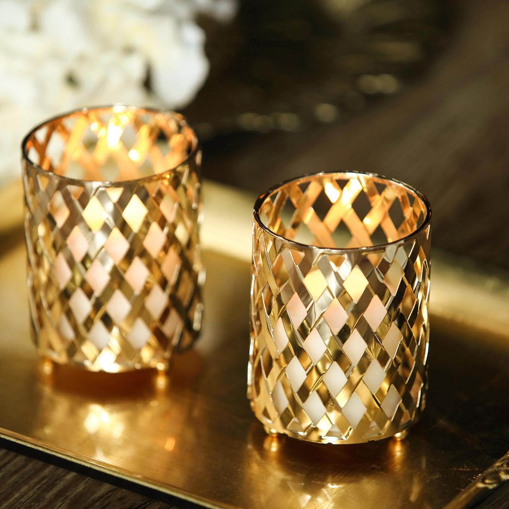 2-Pack Votive Candle Holders Gold Metal Diamond Cut Geometric Design - Perfect for Home DÃ©cor and Events 4"