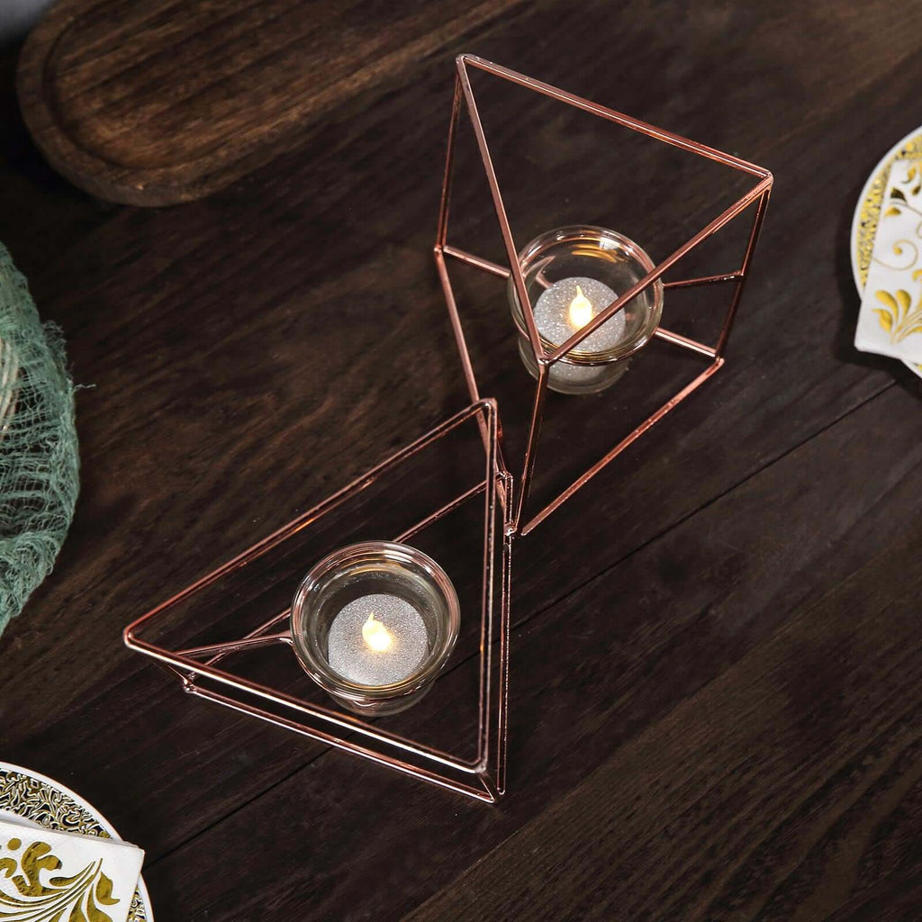 Set of Metal Candle Holders Linked Geometric Design Rose Gold - Chic Votive Glass Decor for Events & Gatherings 9"