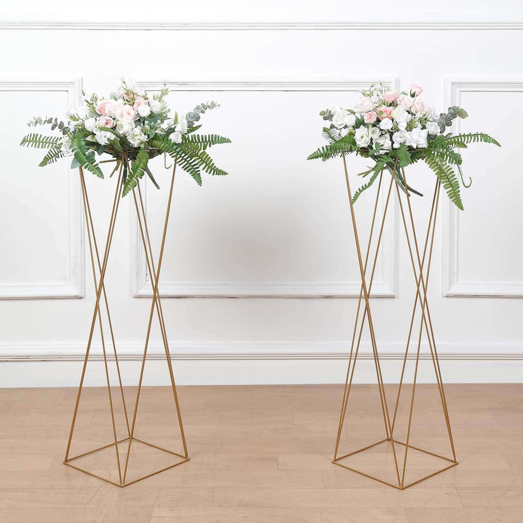 2-Pack Wedding Centerpieces Metal Geometric Crisscross Design Gold - Open Column Pedestal Stands 32"