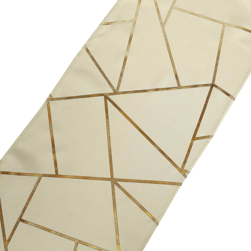 Polyester 9ft Table Runner Beige with Gold Foil Modern Geometric Accent