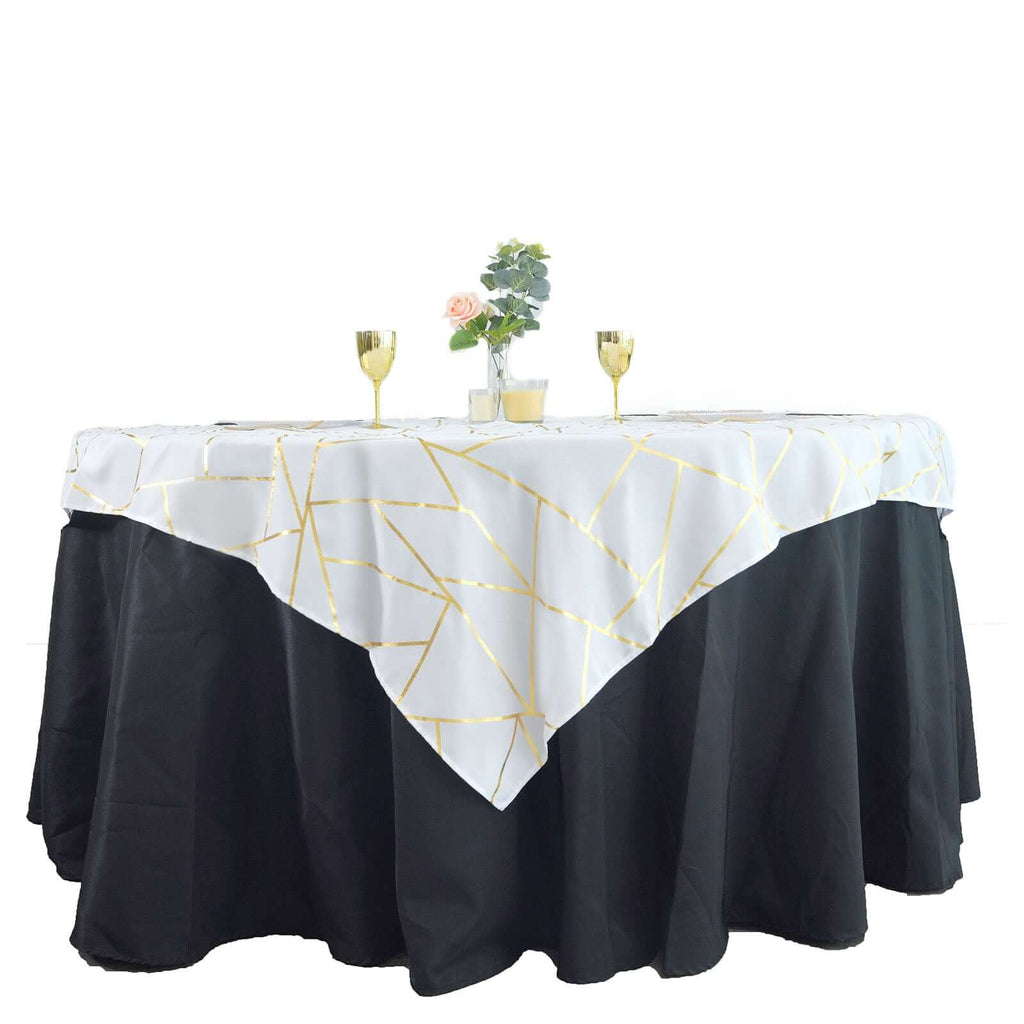 Polyester 54"x54" Table Overlay Square Tablecloth White with Gold Foil Geometric Pattern - Wrinkle-Resistant & Durable for Stylish Settings
