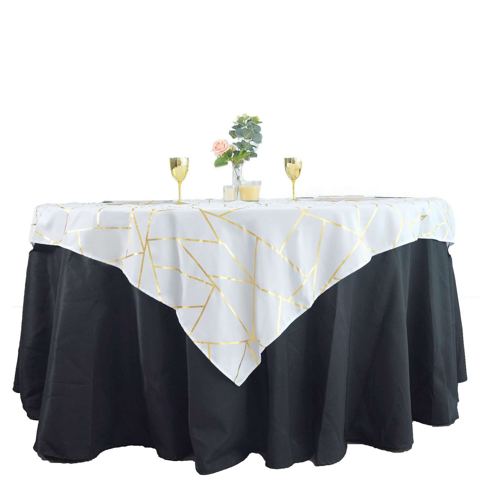 Polyester 54"x54" Table Overlay Square Tablecloth White with Gold Foil Geometric Pattern - Wrinkle-Resistant & Durable for Stylish Settings