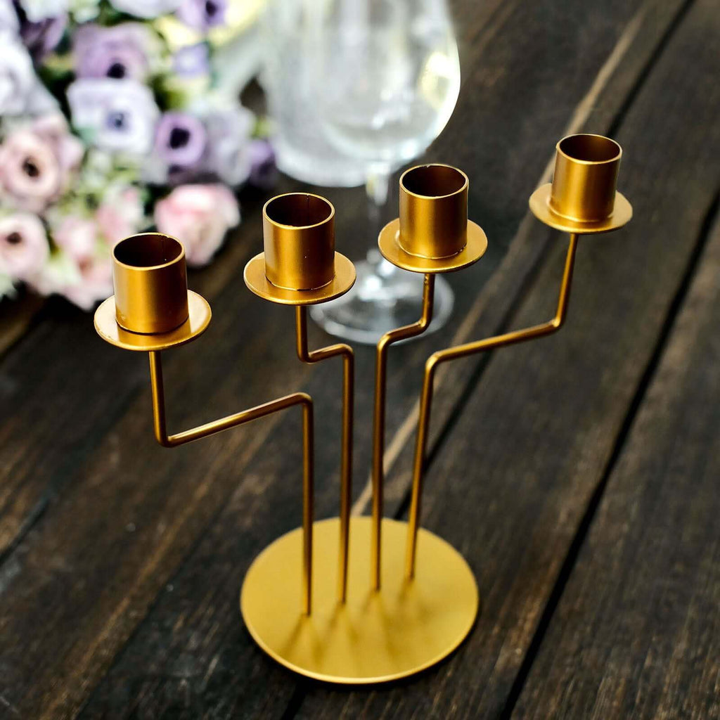 2-Pack Geometric Taper Candelabra 4 Arm Design Gold Metal Decorative Centerpiece - Perfect for Events 8"