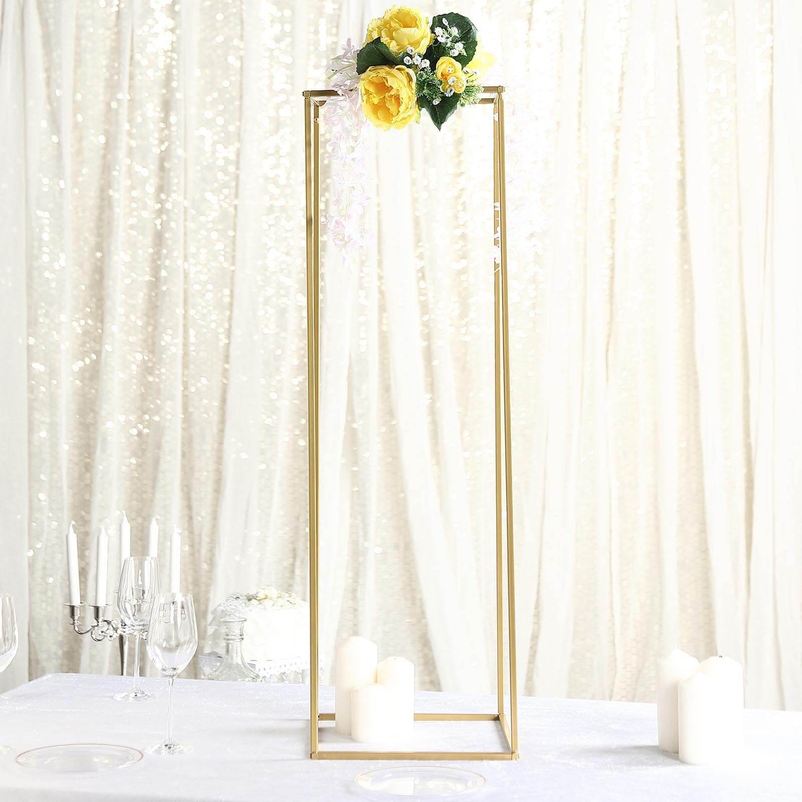 2-Pack Wedding Flower Stand Gold Metal Geometric Column Frame Rectangular - Versatile Floral Pedestal for Sophisticated Arrangements 40"