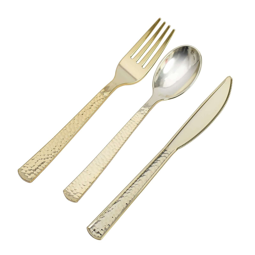 24-Pack Plastic Silverware Set with Hammered Design Gold - Heavy Duty Disposable Utensils 7"
